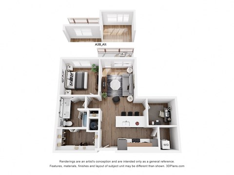 a stylized floor plan with a bedroom and a living room